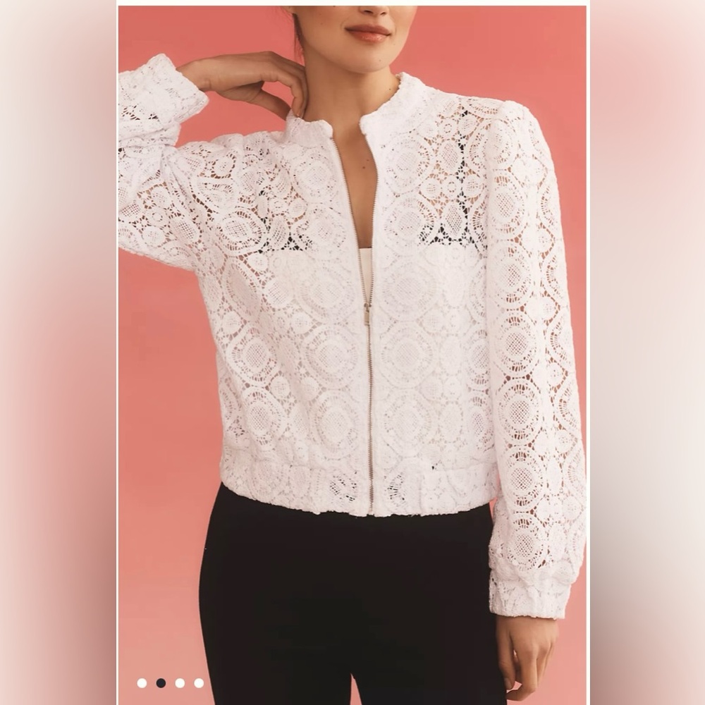 Anthropologie Crochet Bomber Jacket in White Size L. NWT